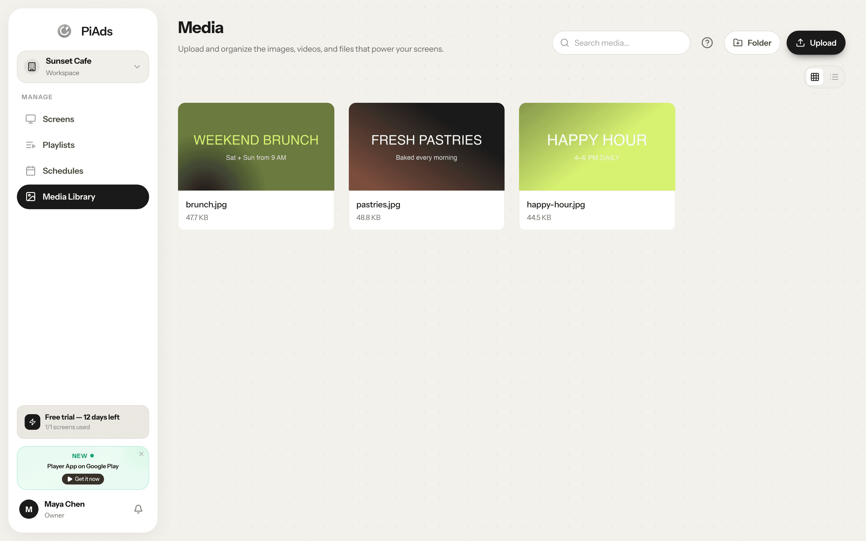 Service Menu Board — PiAds dashboard